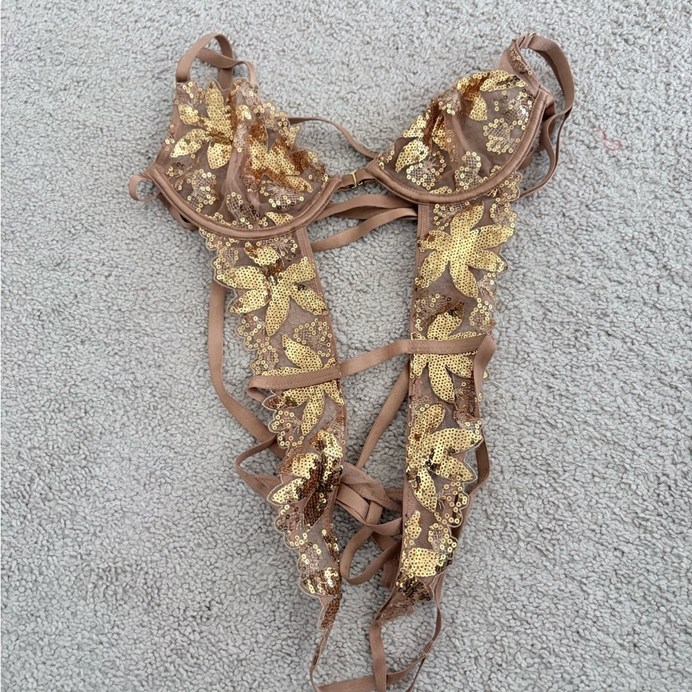 Victoria's Secret Gold Sequin Embroidered Lace Bodysuit